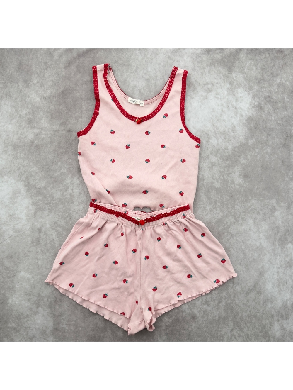 Love Peace & Lazy Days Pink Strawberry Print Lace Trim Tank & Shorts Pajama Set